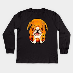 English Bulldog Halloween Hug Pumpkin, Funny Scary Halloween Moon Tshirt Kids Long Sleeve T-Shirt